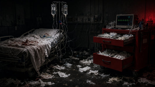Empty ER resuscitation room after a busy shift: messy stretcher, IV bags, open crash cart and glowing cardiac monitor