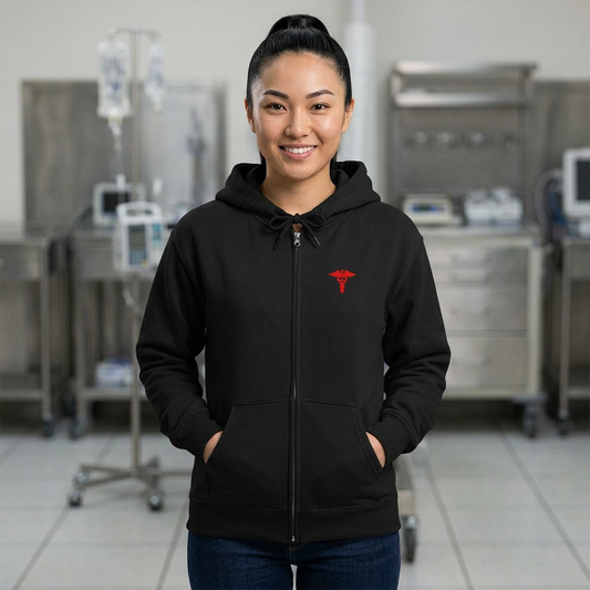 Lub Dub Emergency Caduceus Zip-Up Hoodie — Red & Black ER Streetwear