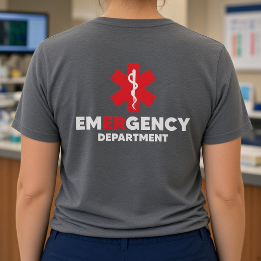 ER nurse wearing the heather gray Emergency Department triblend work shirt with red Star of Life back print in a hospital ER