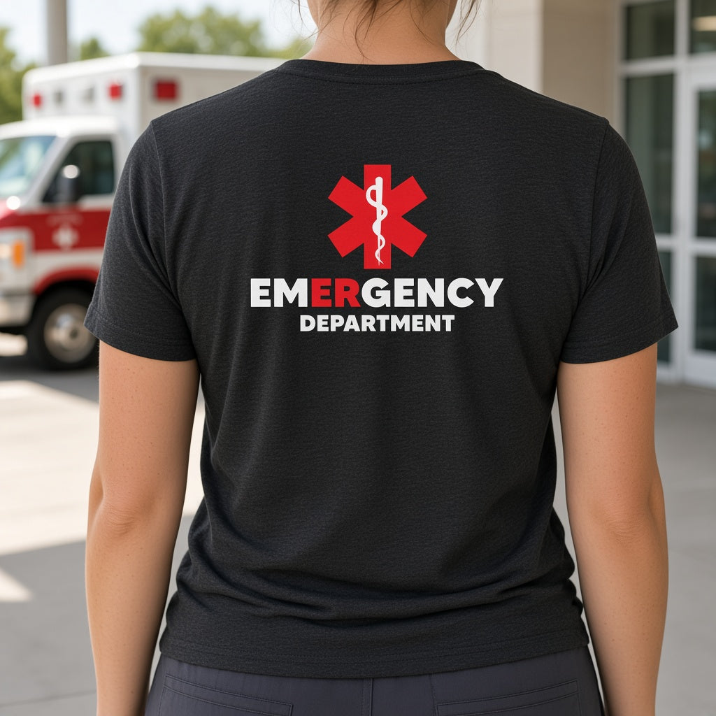 ER nurse wearing the black Emergency Department medical tee with red Star of Life back print at a hospital ambulance bay