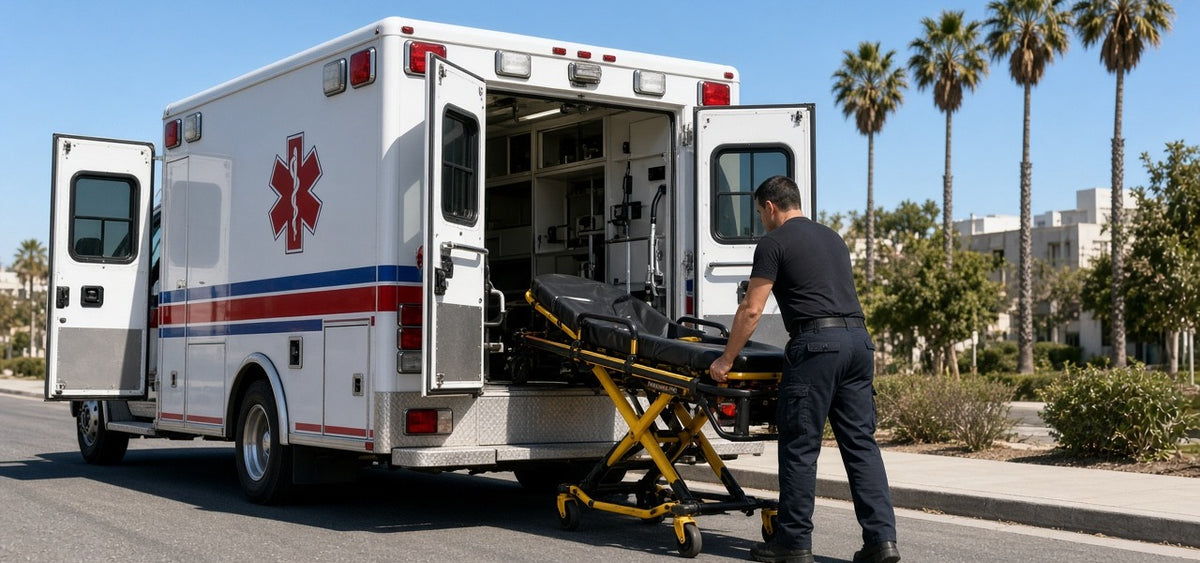 Medic prepping stretcher at ambulance