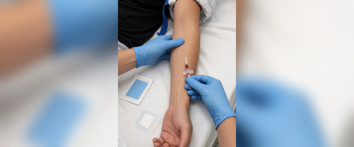 ER nurse in blue gloves starting an IV on a patient's forearm